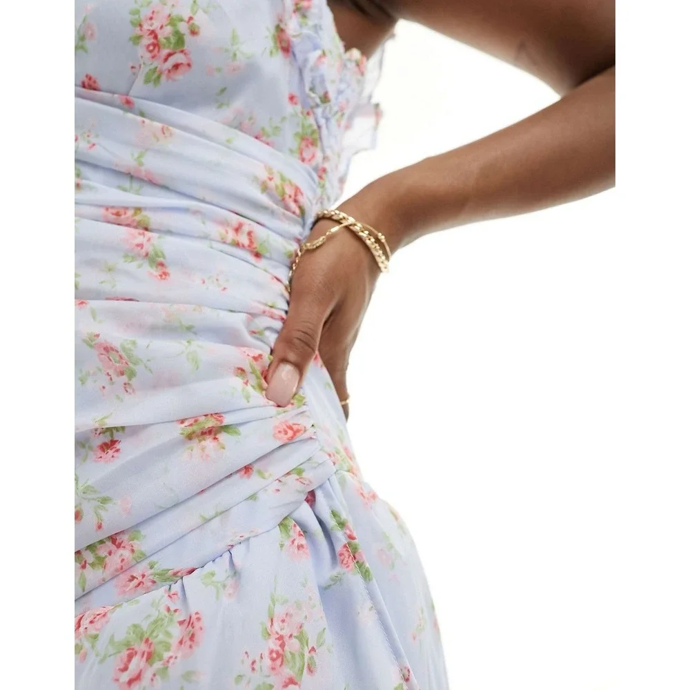 Abercrombie & Fitch Ruffle Strap Asymetric Hem Maxi Dress in Blue Floral Sz LT